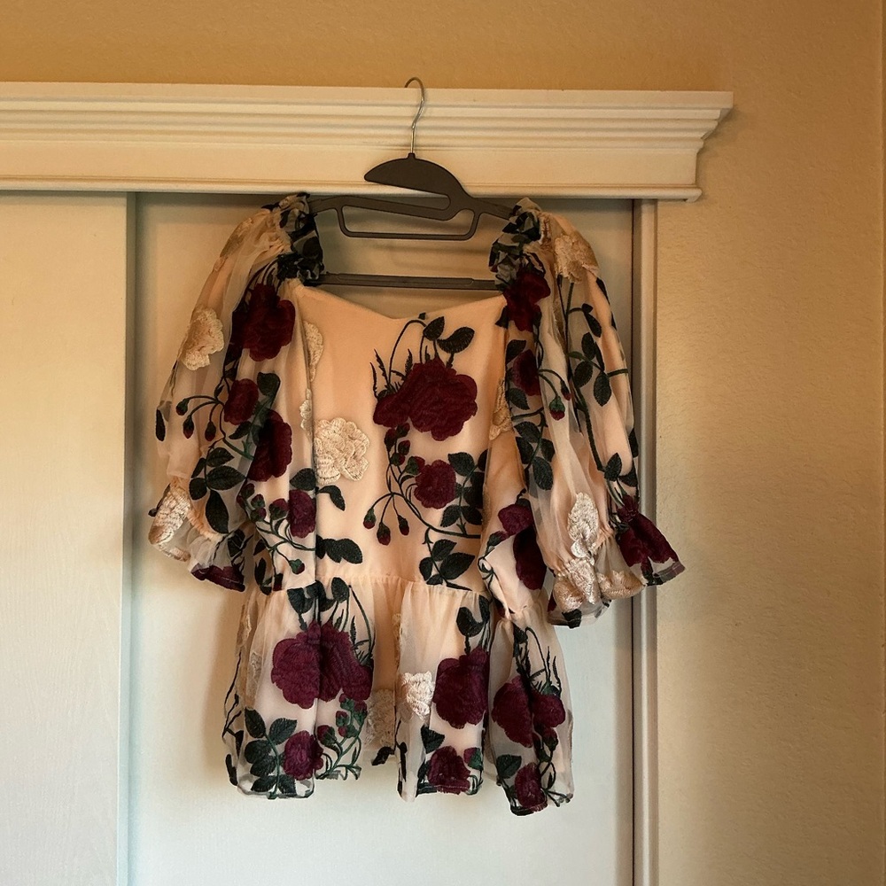 Ivy City Co Burgundy and Cream Floral Blouse